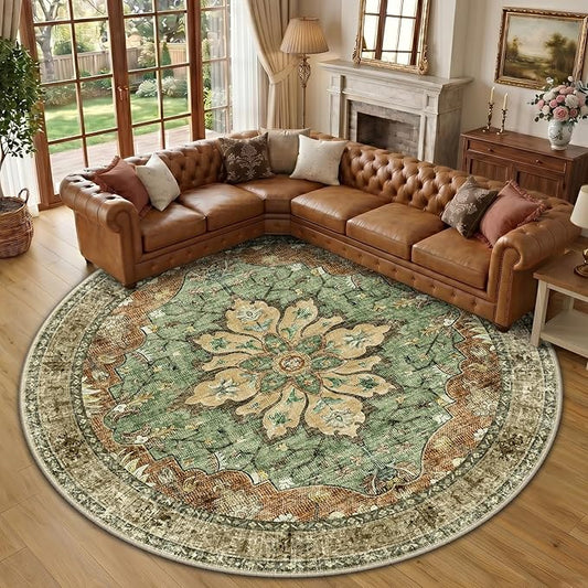 RELEANY Area Rugs Round 10ft Washable Non-Slip, Floral Vintage Distress Medallion Carpet for Living Room Bedroom Dining Room, Terracotta Burnt Orange Green