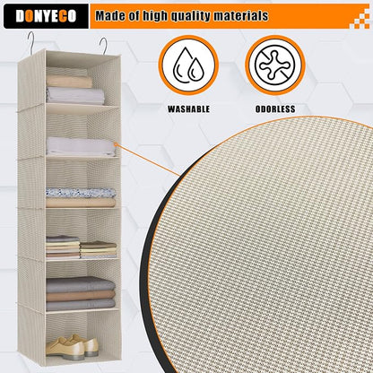 Hanging Closet Organizer 6-Tier, Oxford Wardrobe Storage, Beige Houndstooth | Easy-mount foldable design holds clothes, handbags, shoes & accessories; washable Oxford fabric, sturdy and space-saving.
