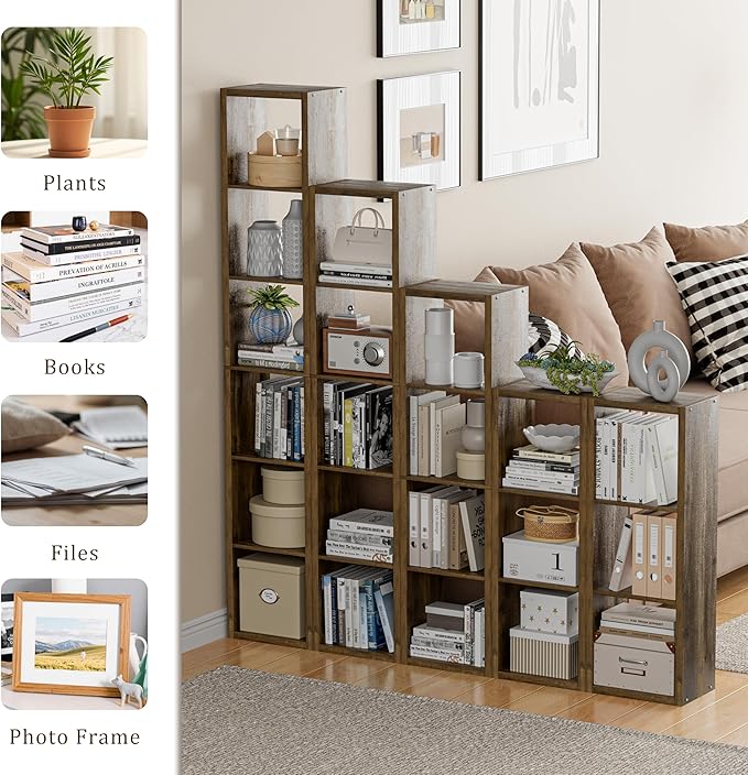 Cube Storage Organizer Bookcase, Small 4 Tier 11 inch Open Back Cubical Shelf with Thickened Border, Display Bookshelf for Living Room, Home Office, Sturdy Room (Brown, 4 Cube,Vertical)