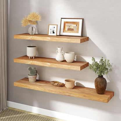 RICHFOCUS Elm Floating Shelves for Wall - 36" W x 9.3" D Rustic Solid Wood Shelves with Invisible Bracket, Wall-Mounted for Living Room, Bedroom, Kitchen Storage & Display, Set of 2, Natural