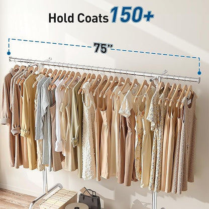 Raybee Heavy Duty Clothes Rack, 75''W Clothing Rack with 4 Hooks & Sturdy Wheels, 450 LBS Capacity, Rolling Garment Rack Holds 150 Clothes, for Bedroom/Laundry/Commercial Use, Silver