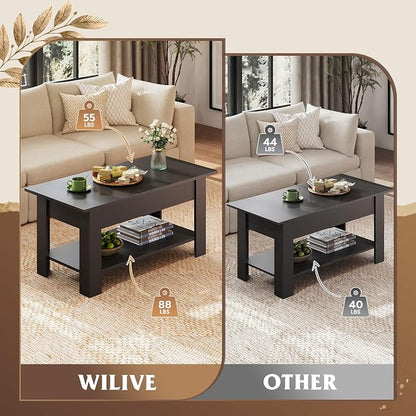 WLIVE Coffee Table, 39" Lift Top Coffee Table with Hidden Compartment, Storage Shelf and Lifting Top for Home Living Room, Office and Reception Room, Black