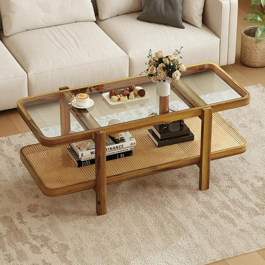 Giantex Rattan Coffee Table, 47.5" Rectangle Solid Wood Tea Table w/Tempered Glass Tabletop, Rattan Storage Shelf, 2-Tier Boho Coffee Tables, Farmhouse Center Table for Living Room (Oak)