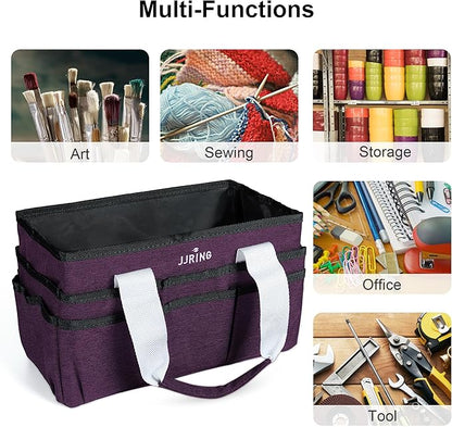 JJRING Craft Organizer Tote Bag, Art Storage Caddy with Multiple Pockets, Deep Purple Sewing Bag for Art, Craft, Scrapbooking, Medical, and Office Supplies Storage