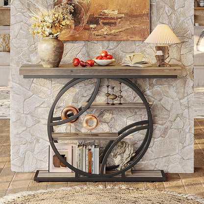 Huuger 41.3 Inch Entryway Table, Modern Console Sofa Table, Accent Table with Shelves, for Entry, Hallway, Entrance, Foyer, O-Shaped Metal Frame, Grey