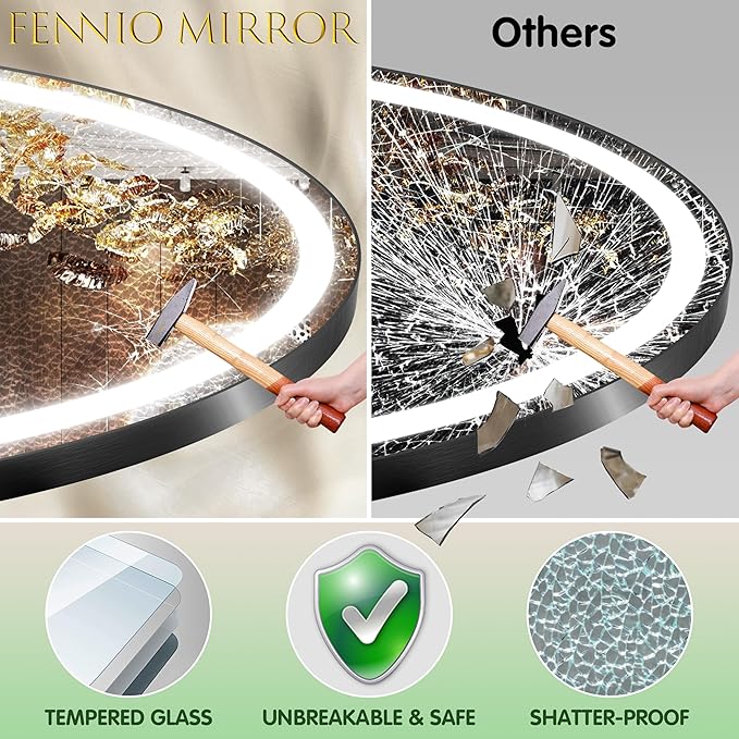 FENNIO 70" x 36" Large Wall Mounted Mirror with LED Lights, Oval Full Length LED Lighted Full Body Dressing Mirror for Bedroom, Salon, Brushed Aluminum Frame, Tempered Glass
