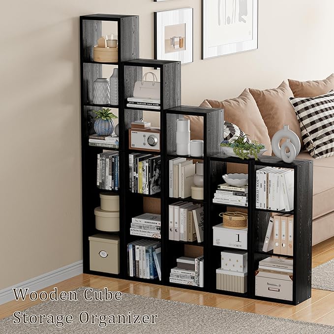 Tall Cube Storage Organizer Bookcase, 5 Tier 11 inch Open Back Cubical Shelf with Thickened Border, Display Bookshelf for Living Room, Home Office, Sturdy Room (Black, 5 Cube,Vertical)