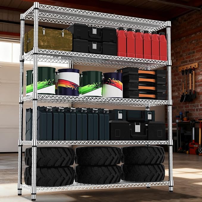 M MZG 5 Tiers Shelf 3300 lbs Steel Storage Shelving Utility Shelving Unit Steel Organizer Wire Rack for Home,Kitchen,Office,Garage Chrome 17.7" D x 47.2" W x 70.3" H