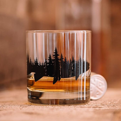 Black Lantern Whiskey Glasses Set of 2 – 11oz Heavy-Base Rocks Tumblers for Bourbon, Scotch & Cocktails – Nature-Themed Forest & Fish Design