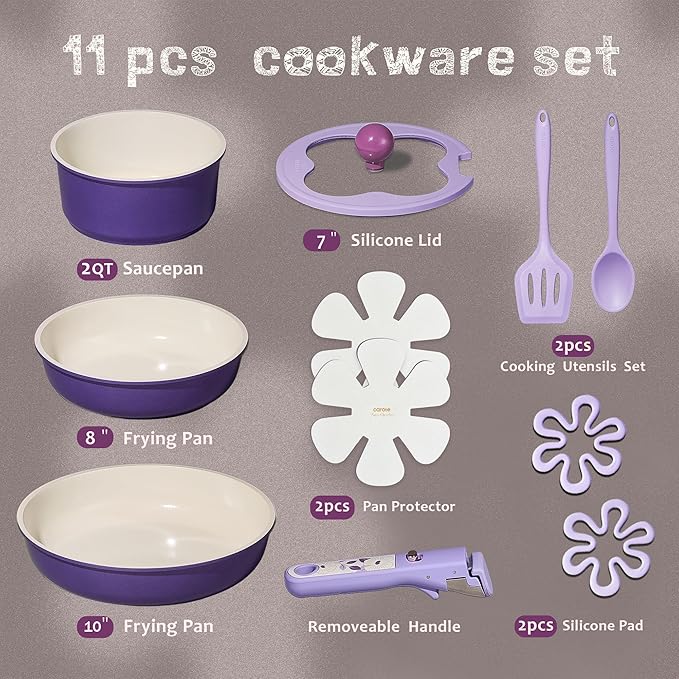 CAROTE 11pcs Ceramic Cookware Set, Pots and Pans Set Non stick, Induction Kitchen Cookware with Removable Handle, RV Dishwasher ＆ Oven Safe, RV/Camping Cookware, PFOA Free, Purple