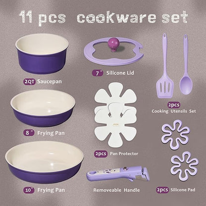 CAROTE 11pcs Ceramic Cookware Set, Pots and Pans Set Non stick, Induction Kitchen Cookware with Removable Handle, RV Dishwasher ＆ Oven Safe, RV/Camping Cookware, PFOA Free, Purple