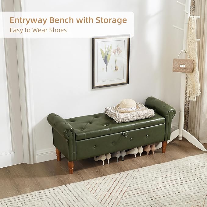 Storage Ottoman Bench, 50" Modern Upholstered End of Bed Bench, Faux Leather Rolled Armed Button-Tufted Ottoman with Storage for Living Room, Entryway, Window, Green