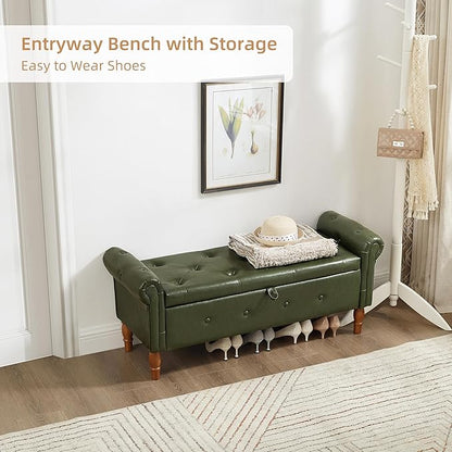 Storage Ottoman Bench, 50" Modern Upholstered End of Bed Bench, Faux Leather Rolled Armed Button-Tufted Ottoman with Storage for Living Room, Entryway, Window, Green
