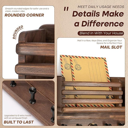 Rebee Vision Pine Wood Key Holder Wall Mount - Farmhouse Mail and Key Holder for Wall with Floating Shelf & 6 Hooks - Decorative Mail Organizer with Round Corner for Home Decor (Brown)