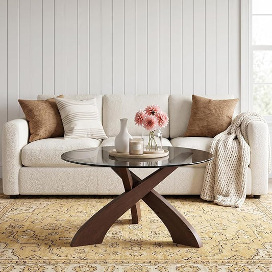 Honyee Glass Coffee Table, 30.7” Round Coffee Table with Tempered Glass Top, Walnut Wood X-Shaped Base, Stable Modern Center Table for Living Room, Apartment and Small Spaces