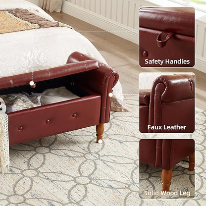 Storage Ottoman Bench, 50" Modern Upholstered End of Bed Bench, Faux Leather Rolled Armed Button-Tufted Ottoman with Storage for Living Room, Entryway, Window, Burgundy
