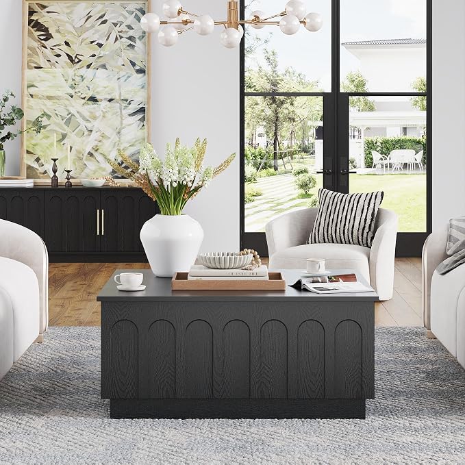 FORTUNETEC Lift Top Coffee Table with Storage, Modern Coffee Table with Arched Design, 31.5" Square Tea Table with Wood Grain, Minimalist Multifunctional Center Table for Living Room, Office, Black