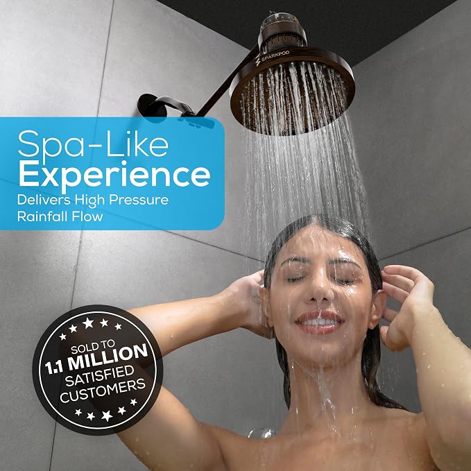 SparkPod Rain Shower Head, 8 Inch Round | High Pressure Shower Heads, 90 Nozzle (Touch-to-Clean), Adjustable Showerhead, No-tool Universal Connection