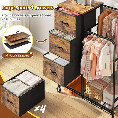 47.3" H Dresser with Hanging Rack, 4 Fabric Drawers with Double Clothes Rack & Wheels, Tall Closet Organizer Dresser for Bedroom, Entryway, Rustic Brown, 15.8" D x 29.9" W x 47.3" H