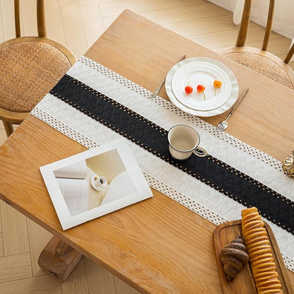 FEXIA Boho Table Runner for Summer Home Decor with Tassels 108 Inches Long Farmhouse Rustic Black Gothic Table Runner Macrame Gothic Burlap Table Decoration for Kitchen Living Room (12x108 Inches)