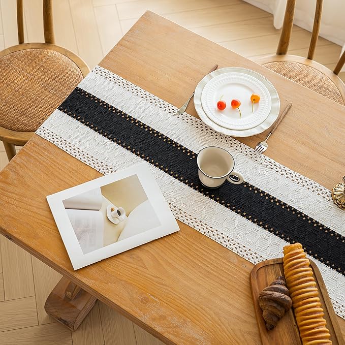 FEXIA Boho Table Runner for Summer Home Decor with Tassels 90 Inches Long Farmhouse Rustic Black Gothic Table Runner Macrame Gothic Burlap Table Decoration for Kitchen Living Room (12x90 Inches)