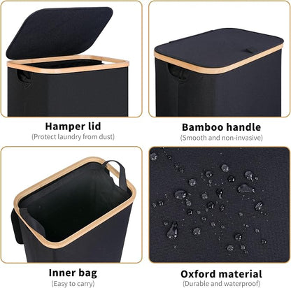 iEGrow 75L Slim Laundry Hamper, Narrow Laundry Basket with Lid,Foldable Clothes Hamper with Bamboo Handles,Hamper Basket with Removable Inner Bag for Laundry Room Bedroom College Dorm,19.8 Gals Black