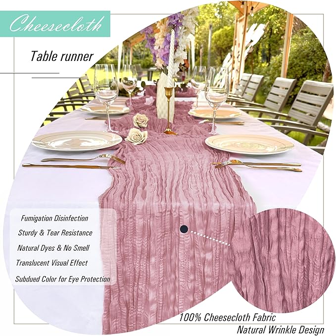 8 Pack Dusty Rose Cheesecloth Table Runner 22 x 108 inch Gauze Cheese Cloth Table Runner Bulk for Rustic Wedding Baby Shower Birthday Party Boho Table Decor