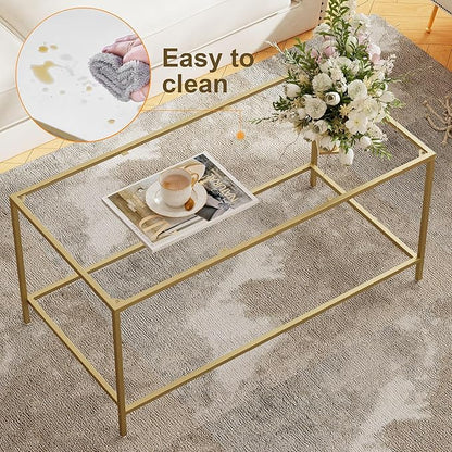 Homleke Glass Coffee Table, Modern Rectangular Coffee Table for Living Room, Minimalist Center Tea Table with Sturdy Metal Frame for Apartment, Office, Easy Assembly, 39.4 x 19.7 x 17.7 Inches, Golden