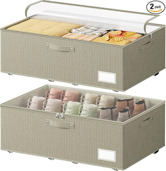 Dayacoco Under Bed Storage With Wheels,10 Inches Under Bed Storage Containers,65L Large Capacity,No Assembly Required Rolling Under Bed Storage for Clothes,Blankets,Shoes,Beige