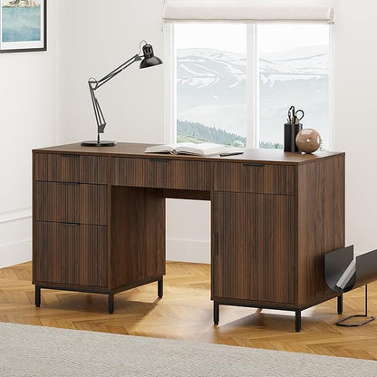 55" Large Fluted Executive Desk with Charging Station, Computer Desk with Storage Cabinet and File Drawer, Modern Wooden Home Office Desk for Workspace, Writing, Study, Brown