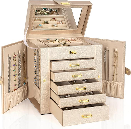 AKOZLIN 6-Tier Jewelry Box Organizer Functional 5 Drawers Leather Jewelry Storage Case for Women Girls Ring Necklace Earring Bracelet Holder Organizer with Mirror Champagne Regular