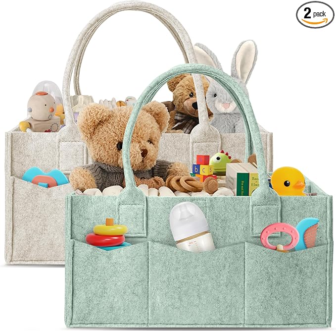 HIPHOP PANDA 2-Pack Diaper Caddy Organizer - Nursery Storage Bin & Car Organizer for Diapers, Wipes, and Baby Essentials - Dual-Color Solid Set (Green/Oatmeal), Regular Size