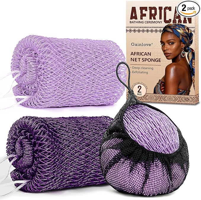 2 Pack African Net Sponge Exfoliating Body Scrubber Bath Sponge for Daily Use (Light Purple+Dark Purple)
