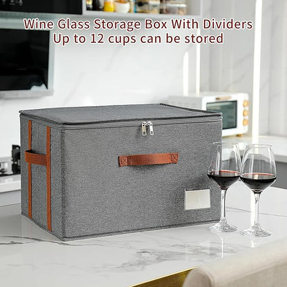 Stemware Storage Cases,Wine Glass Storage Box,with Dividers, Holds 12 Red or White Wine Glasses, Durable Glassware Storage Containers for Crystal or Stemware(Grey red, Stemware storage cases)