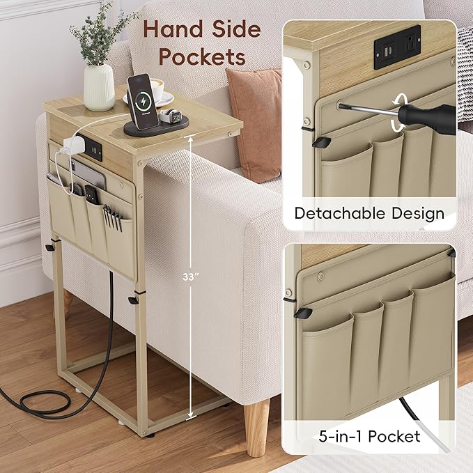 Vagusicc C Shaped End Table with Charging Station, 33" Tall Side Table for Couch, Sofa Table Adjustable Height Small Couch Side C Table, Slide Under Sofa Tray Table for Living Room, Bedroom, Natural