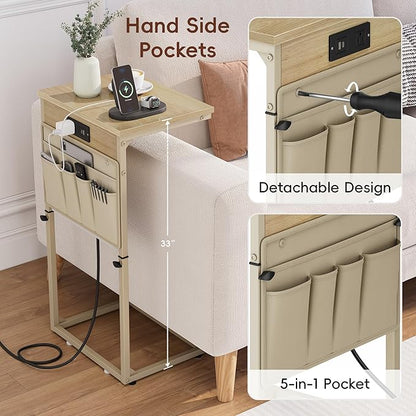 Vagusicc C Shaped End Table with Charging Station, 33" Tall Side Table for Couch, Sofa Table Adjustable Height Small Couch Side C Table, Slide Under Sofa Tray Table for Living Room, Bedroom, Natural