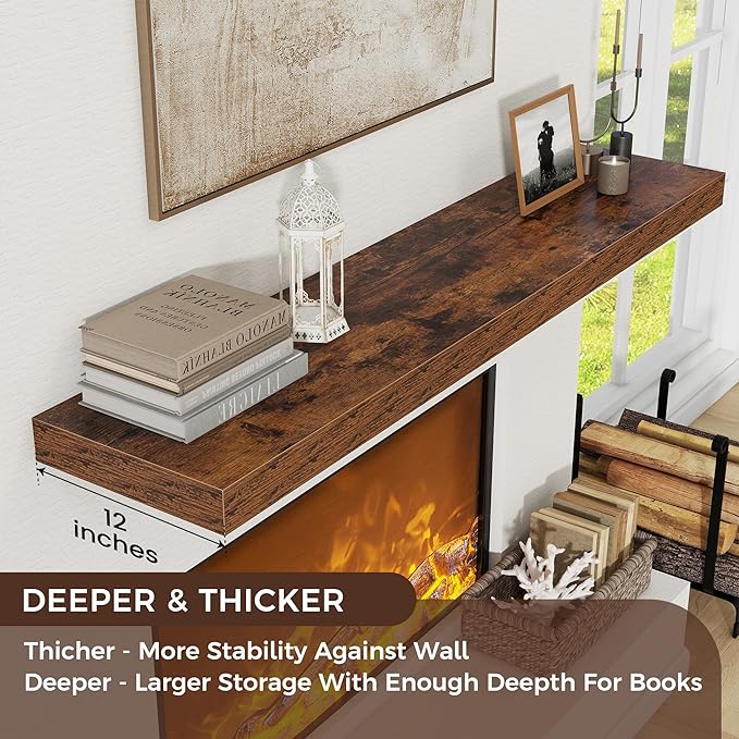 Floating Shelves for Wall, 48 Inch Wide x 12 Inch Deep Floating Shelves, Long Wood Floating Wall Shelf Shelves for Living Room Bathroom Bedroom Kitchen Home - (Brown, 48" W x 12" D x 2" H)