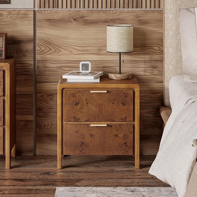 COZAYH Farmhouse Nightstand with 2 Drawer, Distressed Wood Rustic Accent Bedside Table, Burl Finish Side Table for Bedroom, Entryway, Fully Assembled, Brown