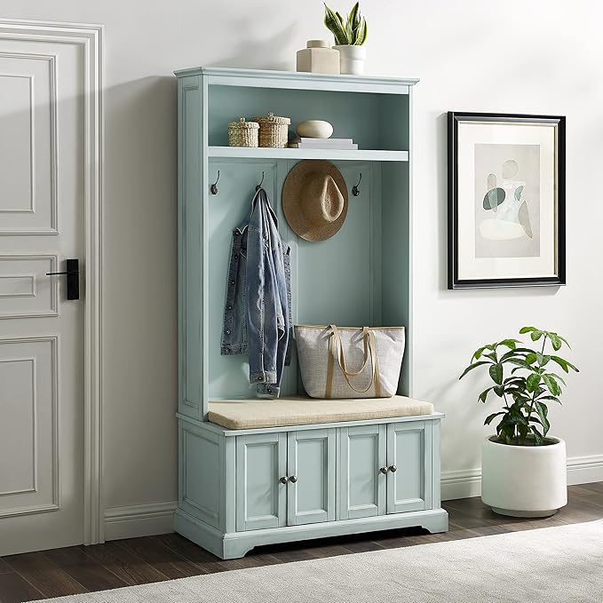 Crosley Furniture Holbrook Hall Tree with Shoe Rack Bench and Coat Hooks for Hanging Storage, Distressed Seafoam Blue