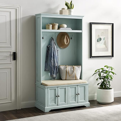 Crosley Furniture Holbrook Hall Tree with Shoe Rack Bench and Coat Hooks for Hanging Storage, Distressed Seafoam Blue