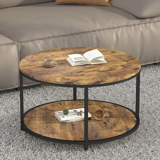 NSdirect Round Coffee Table, 27.6" Small Coffee Table for Living Room,2-Tier Rustic Wood Desktop with Storage Shelf Modern Design Home Furniture(Brown)
