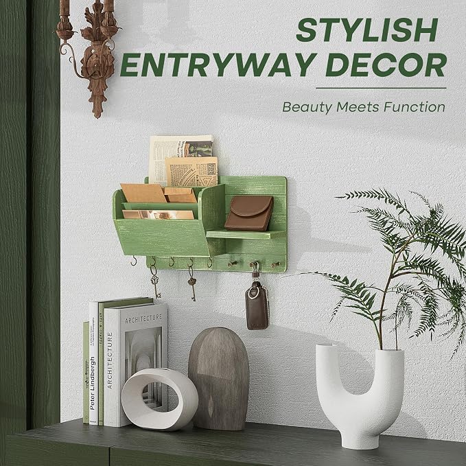 Rebee Vision Pine Wood Key Holder Wall Mount for Apartment Essentials - Farmhouse Key Holder for Wall with Mail Slot & Shelf for Mail & Accessories - Rustic Charm for Home Decor Aesthetic (Green)
