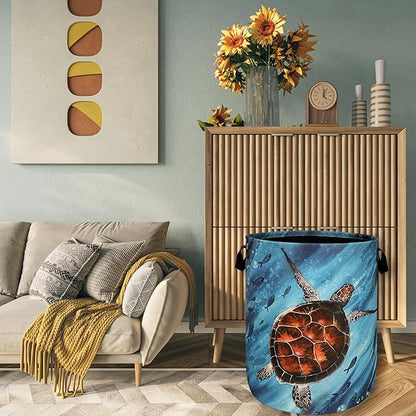 Sea Turtle Laundry Basket Foldable With Handles Watercolor Turtles Tote Bag Oxford Cloth Colorful Animal Laundry Hamper Clothes Toy Storage Bucket For Bathroom/Laundry/Bedroom 18.9"x 16.5 "