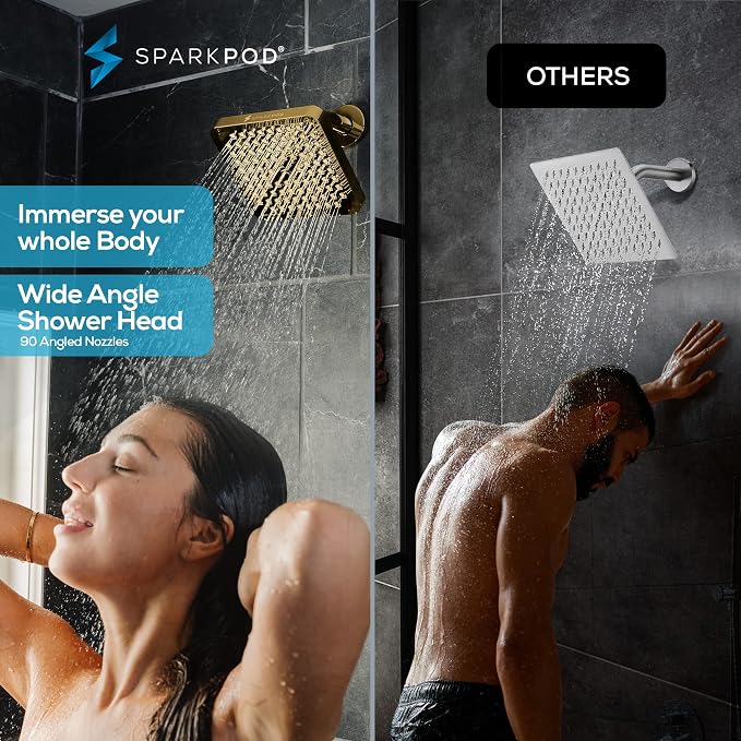 SparkPod Rain Shower Head, 6 Inch Square | High Pressure Shower Heads, 90 Nozzle (Touch-to-Clean), Adjustable Showerhead, No-tool Universal Connection