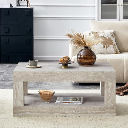 LKTART 39.37" Coffee Table with Storage, 2-Tier Mid Century Rectangular Accent Table with Thick Tabletop, Rustic Style Cocktail, Center Table for Living Room, Office, Apartment (Beige)