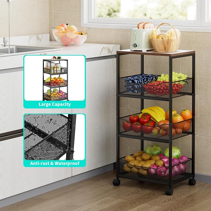 HapiRm Fruit Basket Kitchen Cart - 4-Tier Rolling Storage Cart with Wheels, Fruit Vegetable Basket with Wood Top, Pantry Utility Kitchen Organizer for Fruit Potato Onion Vegetable Bread Snack