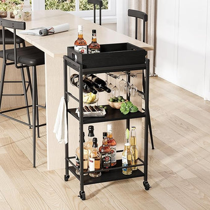 3-Tier Bar Cart with Removable Tray, Small Bar Carts with Wheels, Rolling Beverage Cart, Drink Cart, Black Wine Cart with Wine Rack for Kitchen, Living Room (Black) GBC513B