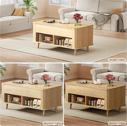 Lift Top Coffee Table with Storage, 41" Mid Century Modern Coffee Table with Fluted & Curved Profile Design, Hidden Storage Compartment, Lower Shelf Center Table for Living Room Office, Oak