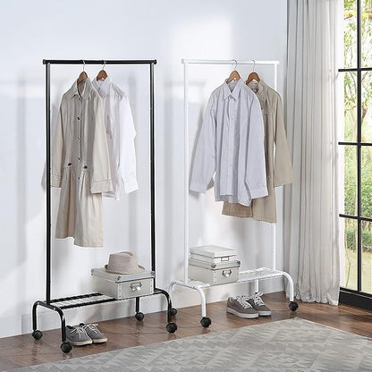 SunnyPoint Rolling Garment Rack with Shelf – Heavy-Duty Metal Clothing Rack on Wheels, 64.9” Tall Clothes Organizer with Bottom Storage, White
