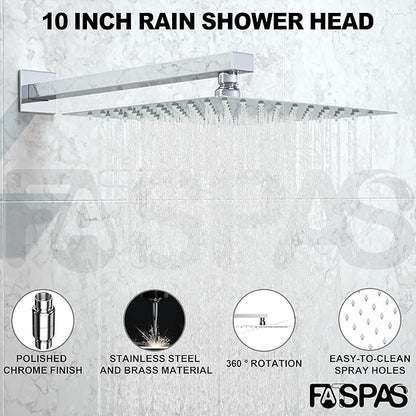 Polished Chrome Shower System with 10-Inch Rain Showerhead and Tub Spout | cUPC-certified pressure balance brass valve to prevent scalding, CEC-certified air injection technology for low pressure